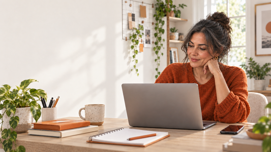 Mujer planificando contenido de forma sencilla en su computadora